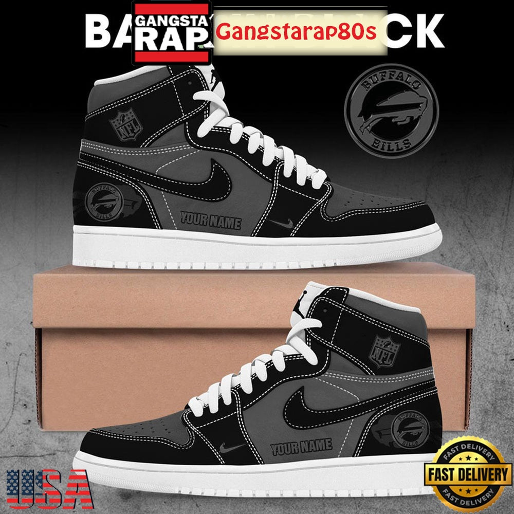 Buffalo Bills Back In Black Custom Name Air Jordan 1 Sneakers Shoes