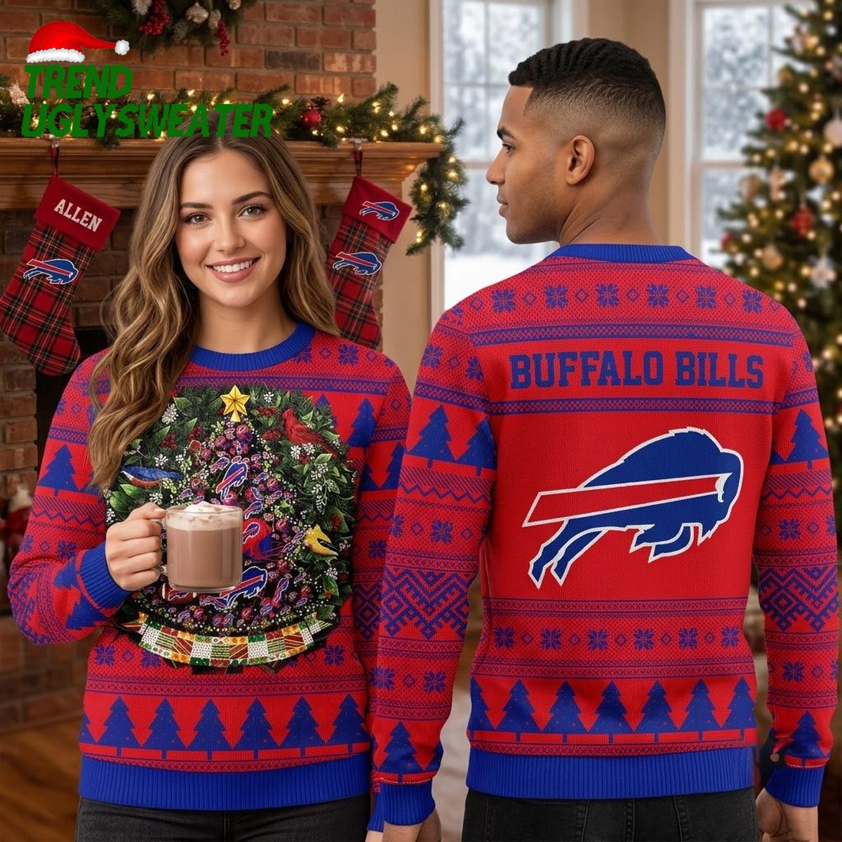 Buffalo Bills Christmas Wreath And Logo Ugly Christmas Sweater