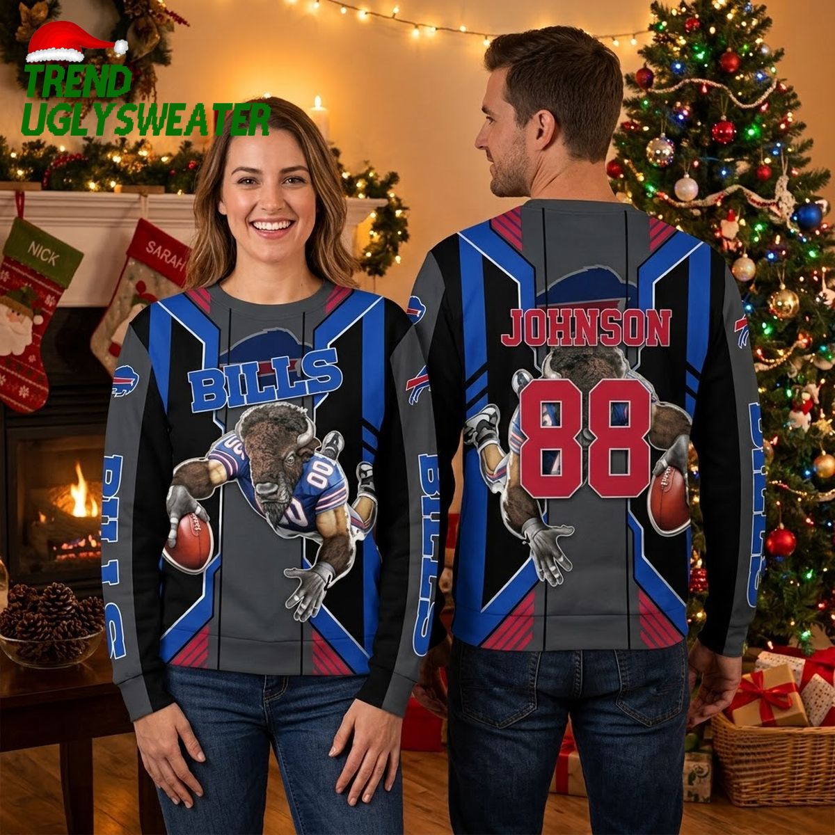 Buffalo Bills Diving Buffalo Mascot Johnson 88 Ugly Christmas Sweater