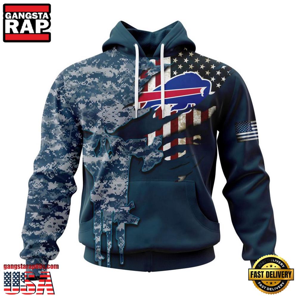 NFL Buffalo Bills Navy Camo Veteran All Over Print Hoodie