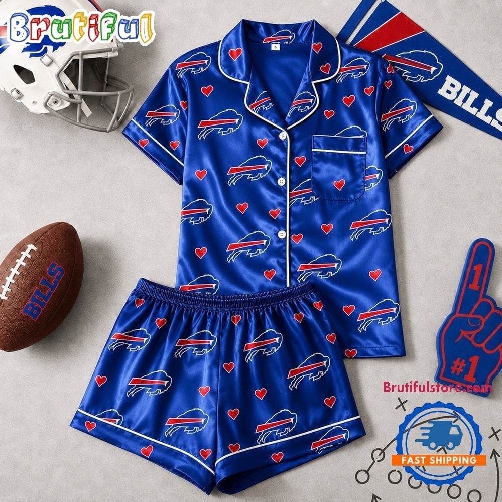 Buffalo Bills NFL Logo Team Love Satin Short Sleeve Pajamas Set
