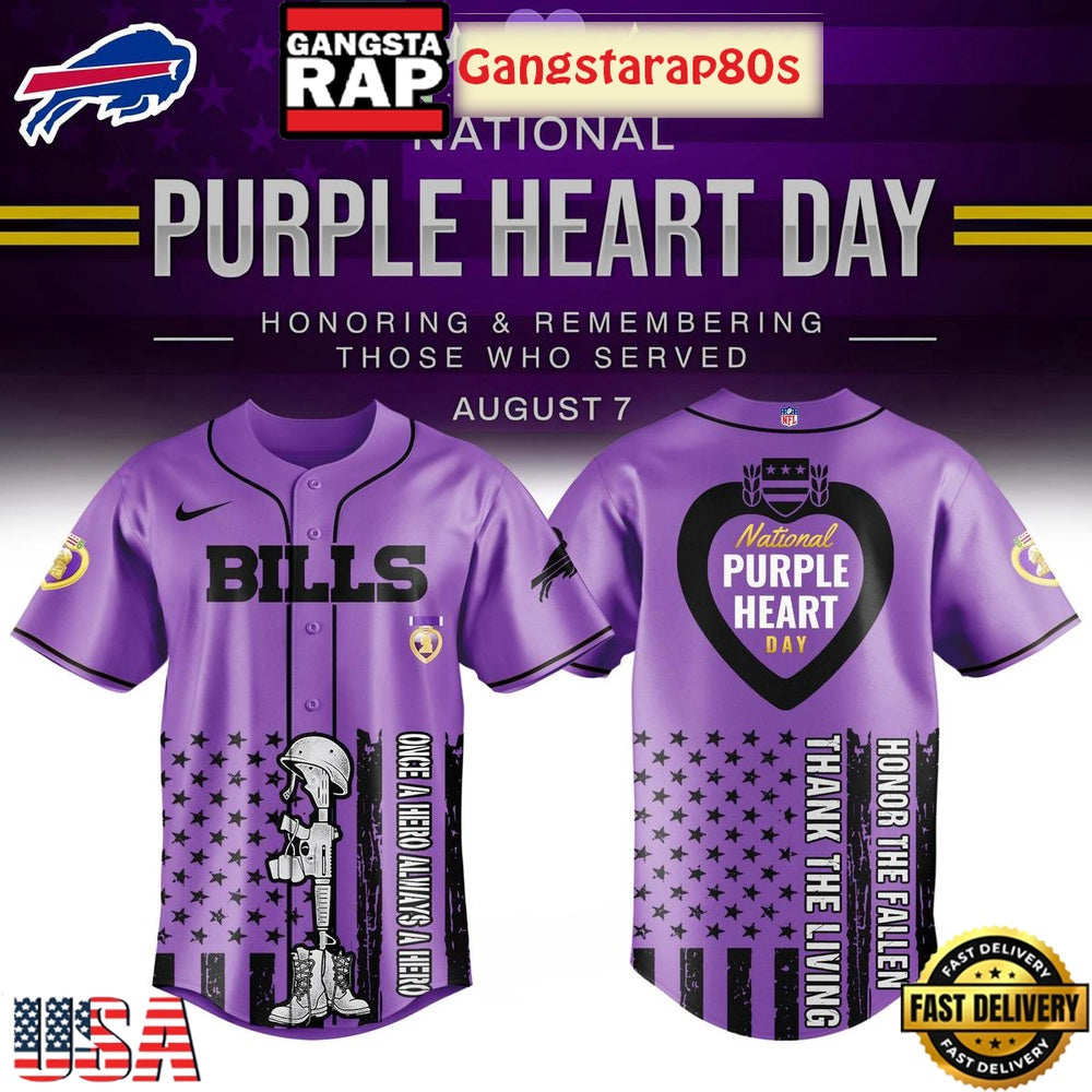 Buffalo Bills Purple Heart Day 2025 Unique Design Baseball Jersey