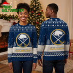 Buffalo Sabres Crossed Hockey Sticks Logo Snowflake Paw Print Ugly Christmas Sweater