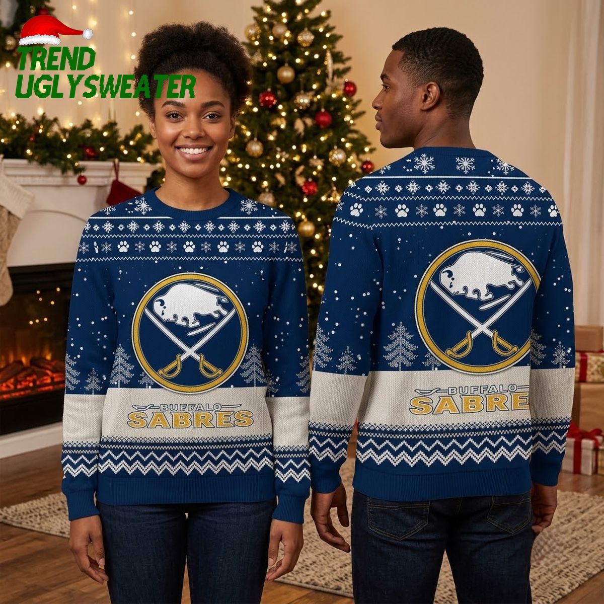 Buffalo Sabres Crossed Hockey Sticks Logo Snowflake Paw Print Ugly Christmas Sweater