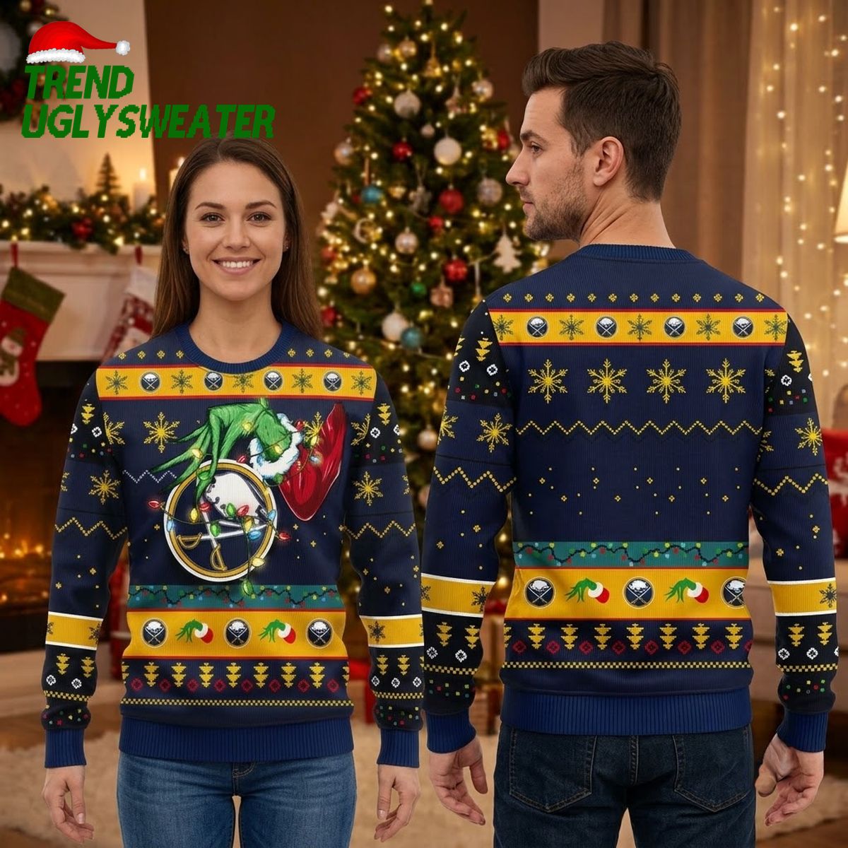Buffalo Sabres Grinch And Christmas Lights Ugly Christmas Sweater
