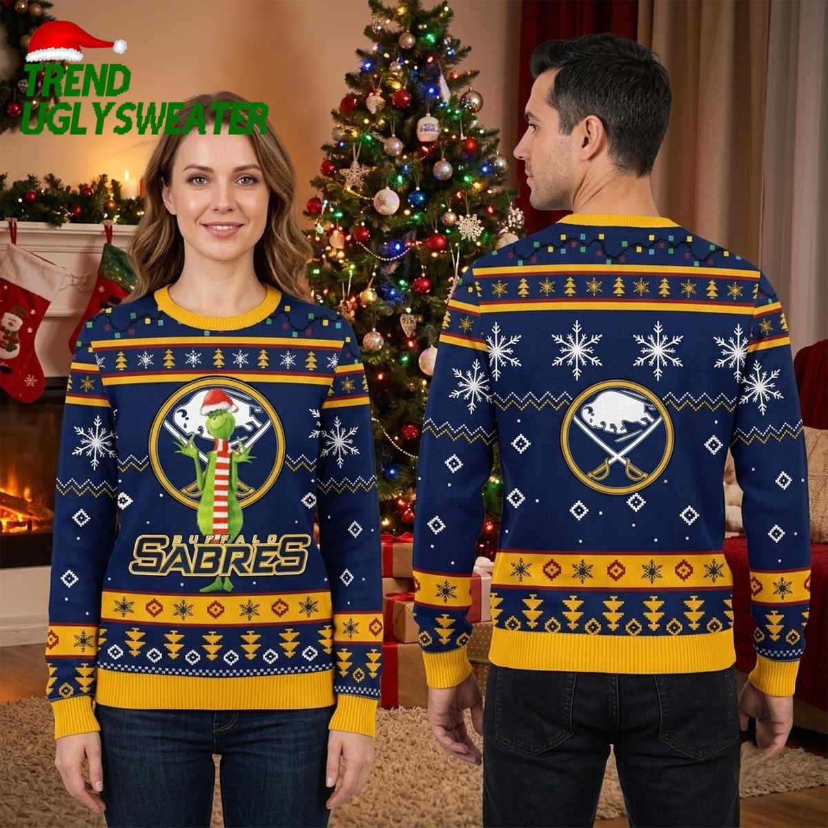 Buffalo Sabres Grinch In Santa Hat Ugly Christmas Sweater