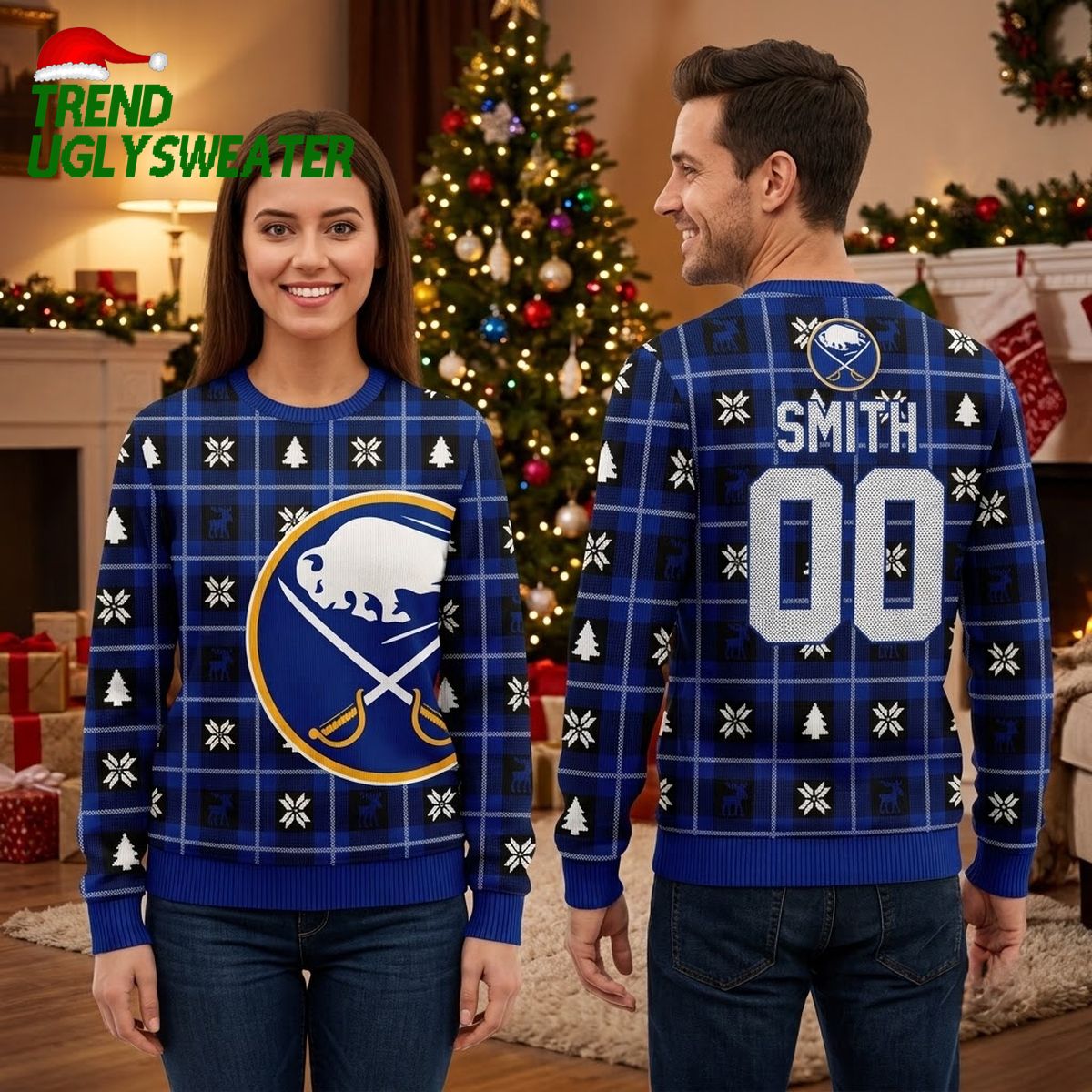 Buffalo Sabres Personalized Custom Name And Number Snowflake Plaid Ugly Christmas Sweater