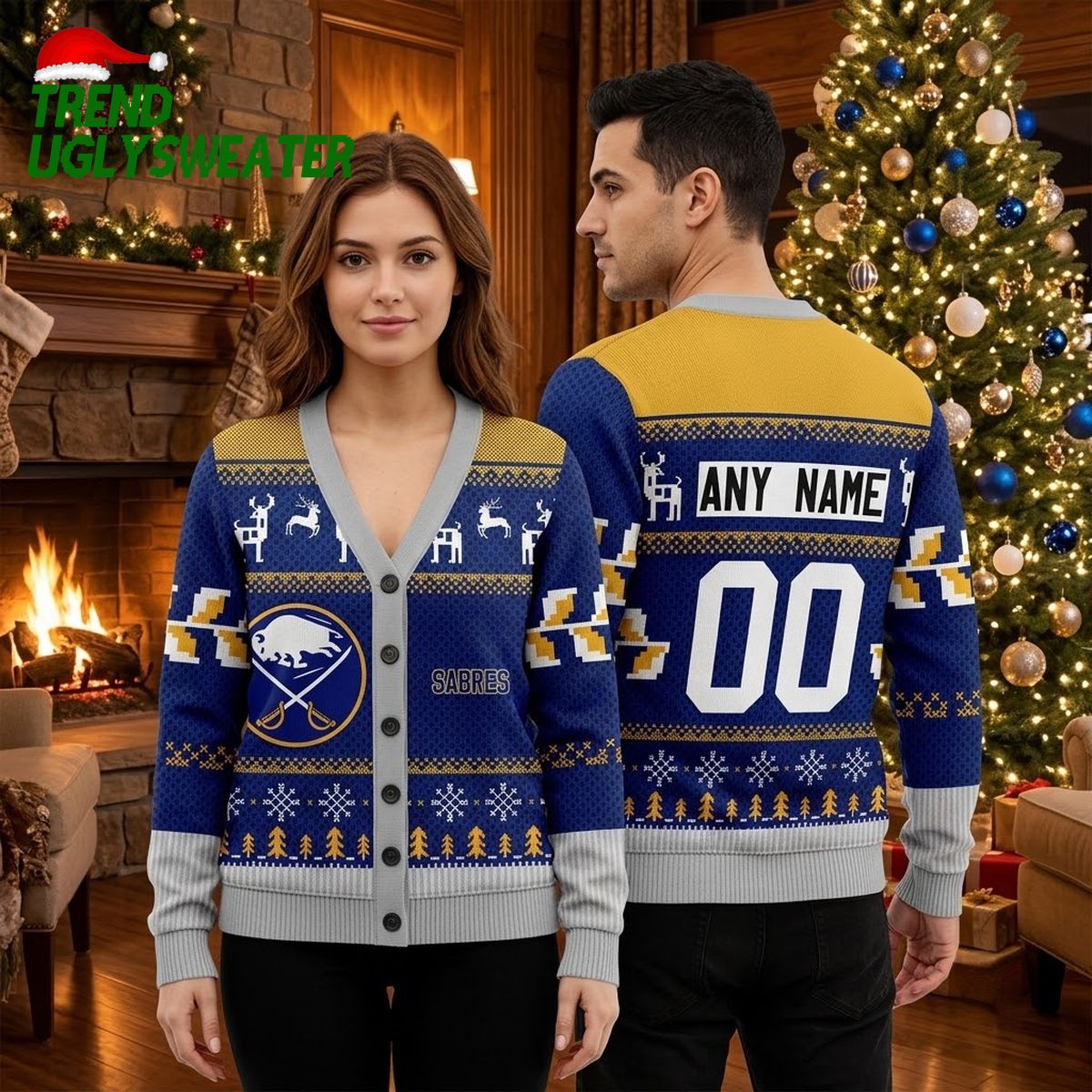 Buffalo Sabres Reindeer Pattern Personalized Custom Name And Number Ugly Christmas Sweater