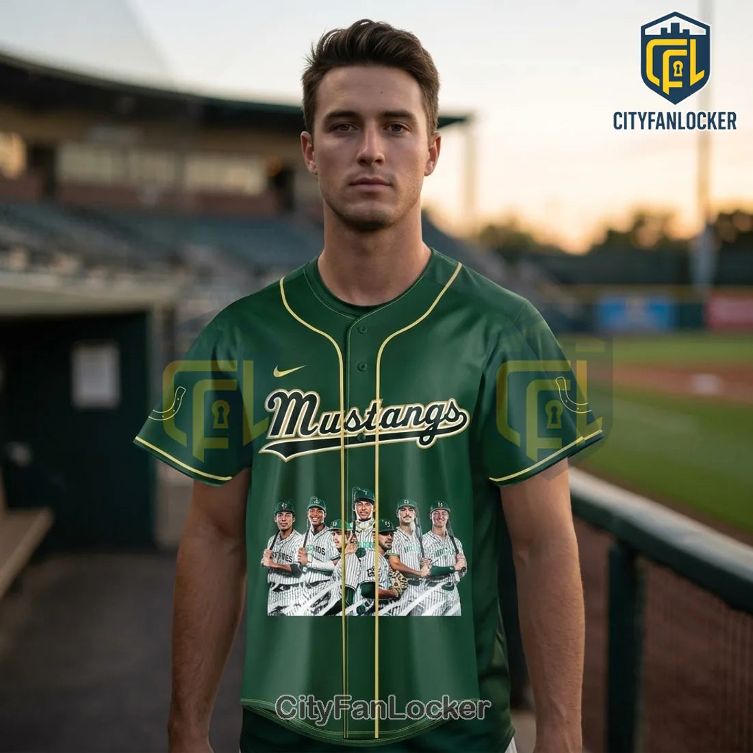Cal Poly Mustangs 2026 Big West Conference Champions Green Baseball Jersey