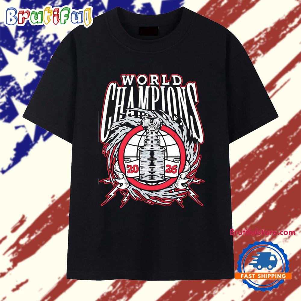 Carolina Hurricanes 2026 World Champions trophy lightning wreath bold logo art T Shirt