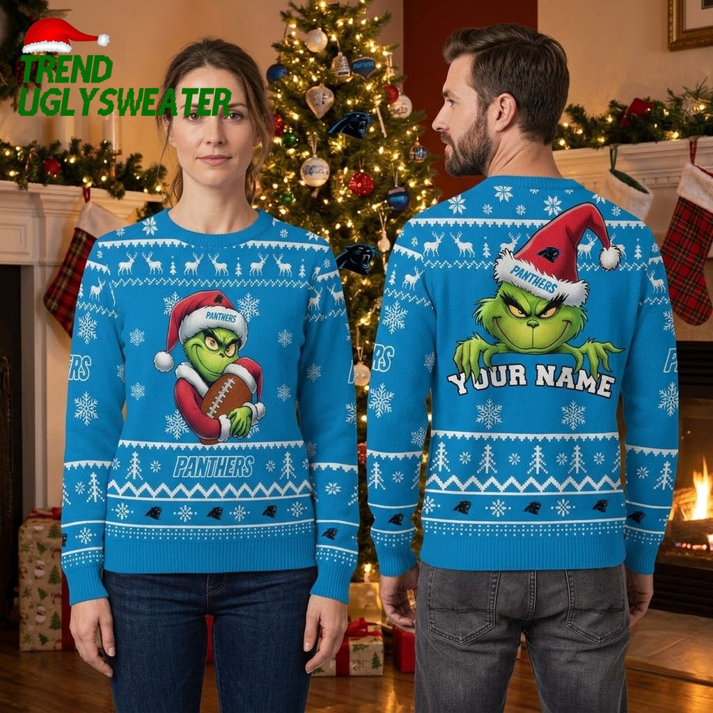 Carolina Panthers Grinch Football Custom Name Ugly Christmas Sweater