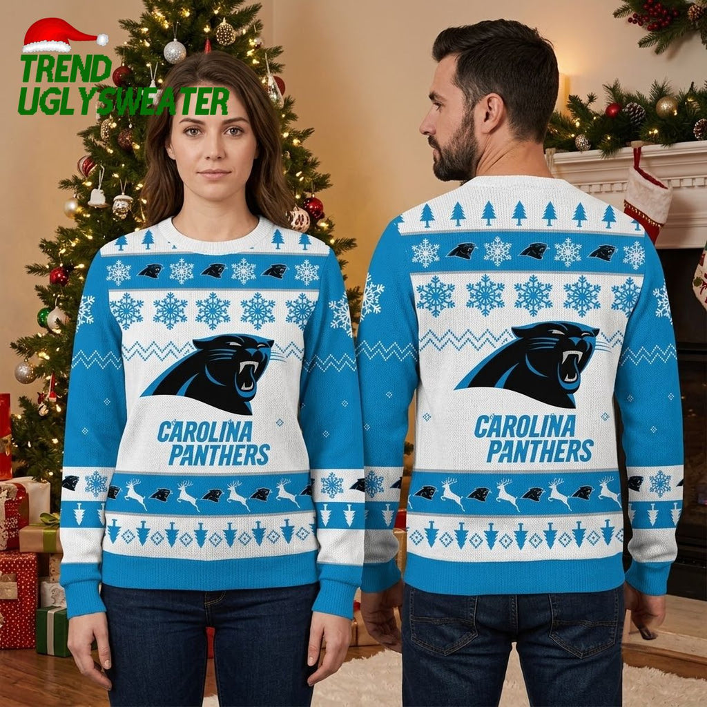 Carolina Panthers Logo Snowflake And Reindeer Ugly Christmas Sweater