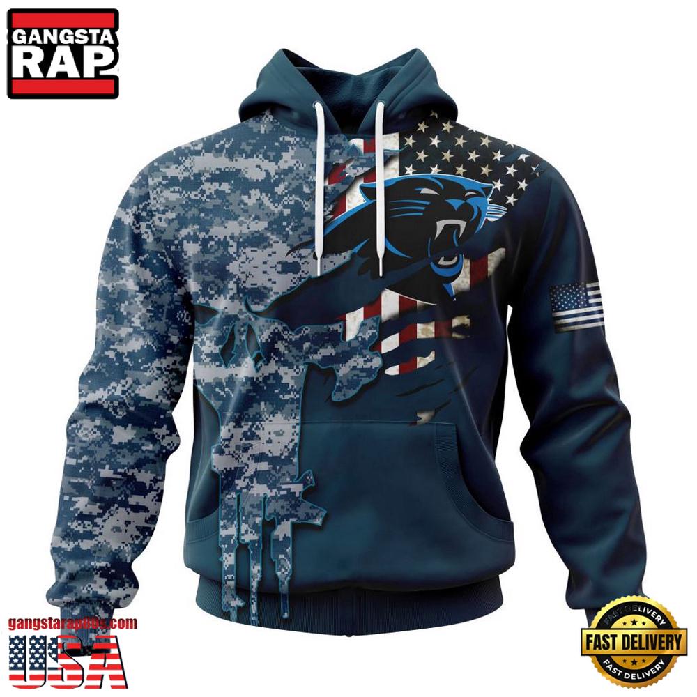 NFL Carolina Panthers Navy Camo Veteran All Over Print Hoodie