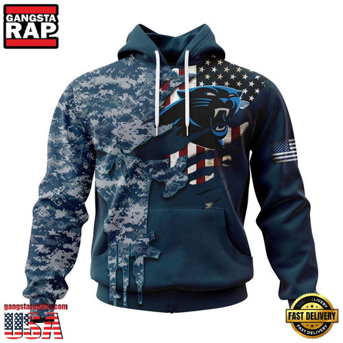 NFL Carolina Panthers Navy Camo Veteran All Over Print Hoodie