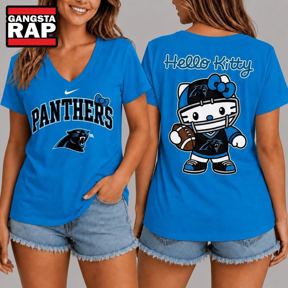 Carolina Panthers NFL Hello Kitty Football V Neck T Shirt