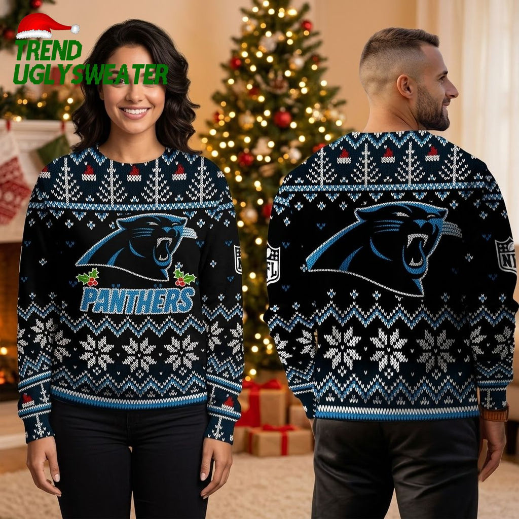 Carolina Panthers Panther Logo Christmas Sweater Personalized Custom Name Ugly Christmas Sweater