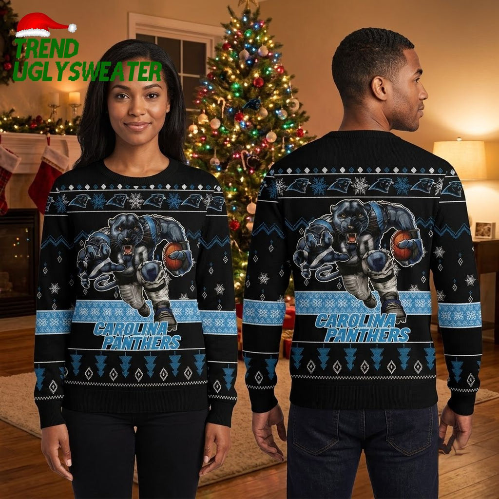 Carolina Panthers Rushing Panther Snowflake Pattern Ugly Christmas Sweater