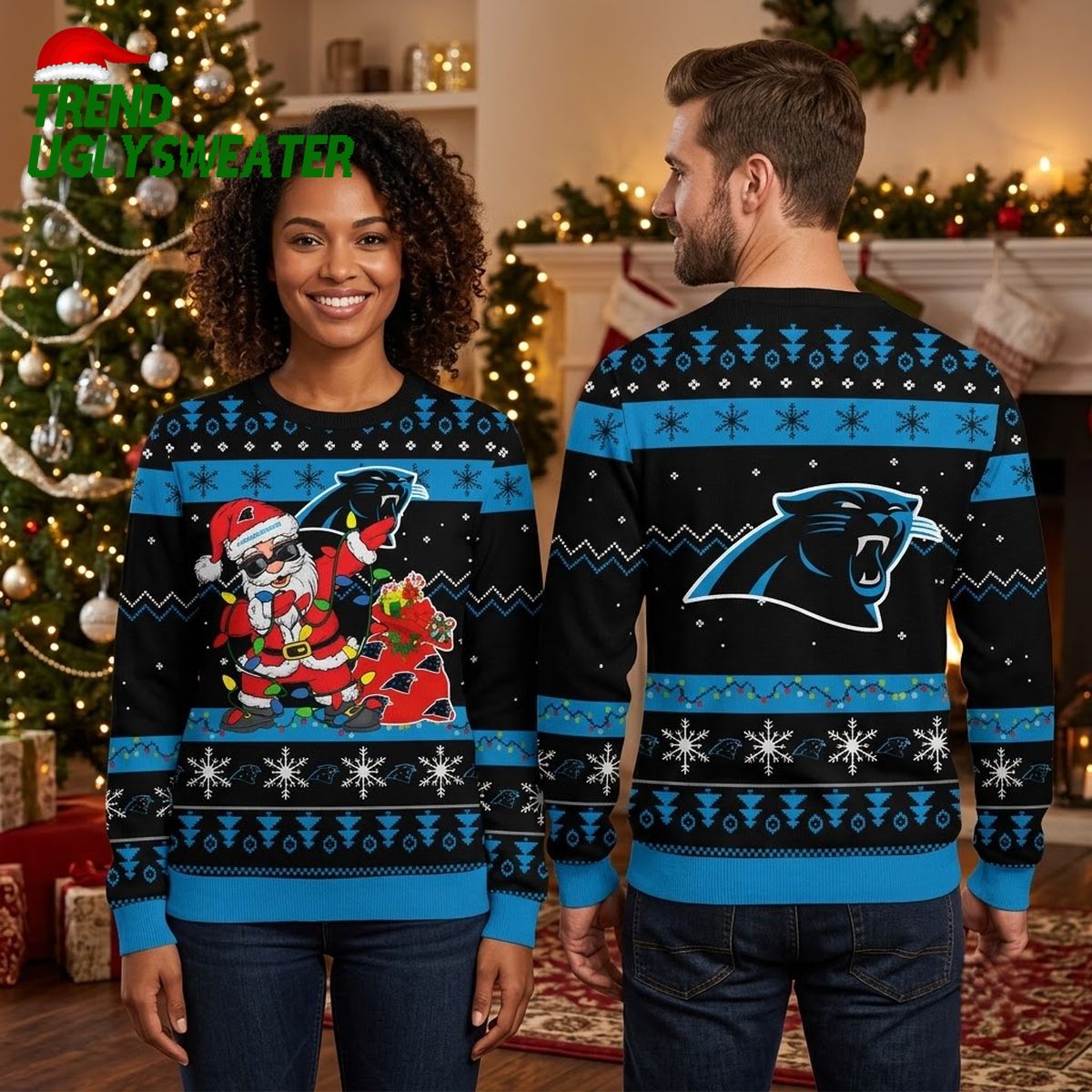 Carolina Panthers Santa Claus And Panther Mascot Ugly Christmas Sweater
