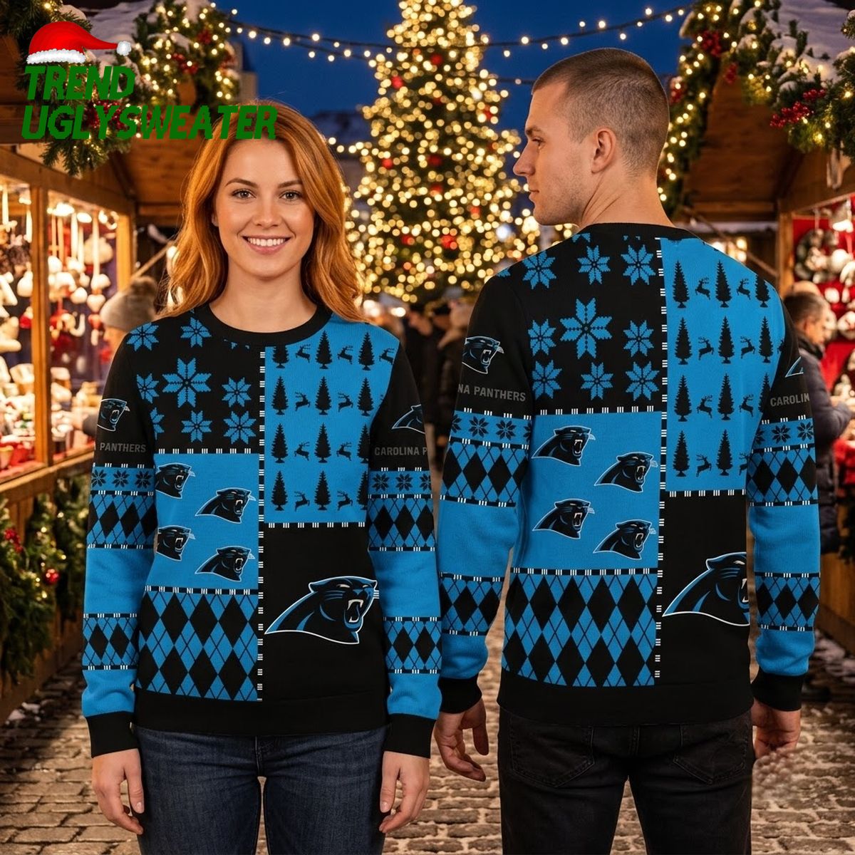 Carolina Panthers Snowflake And Reindeer Pattern Ugly Christmas Sweater
