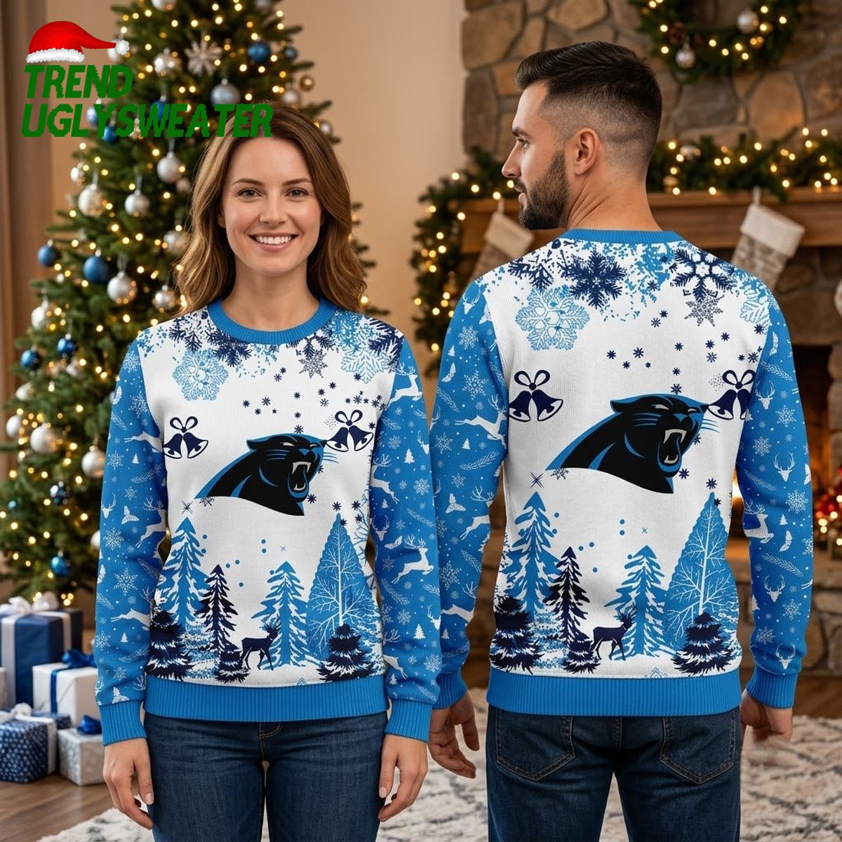 Carolina Panthers Snowflake Forest Logo Ugly Christmas Sweater