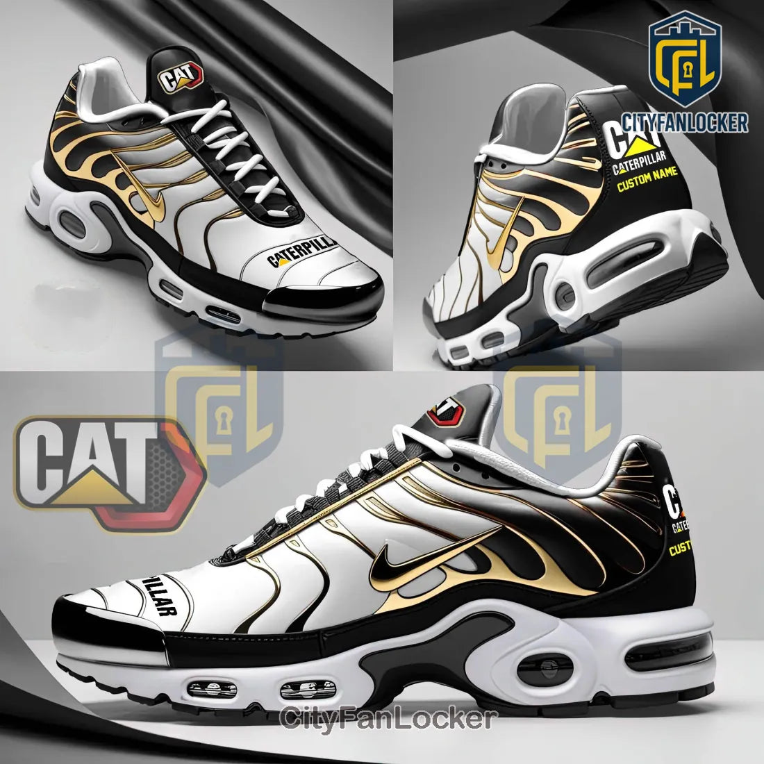 Caterpillar CAT Custom Name Luxury Gold Black White Design Sneakers