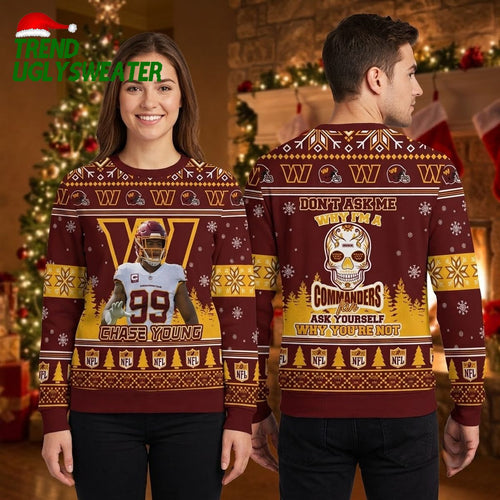 Chase Young 99 Washington Commanders Skull Ugly Christmas Sweater