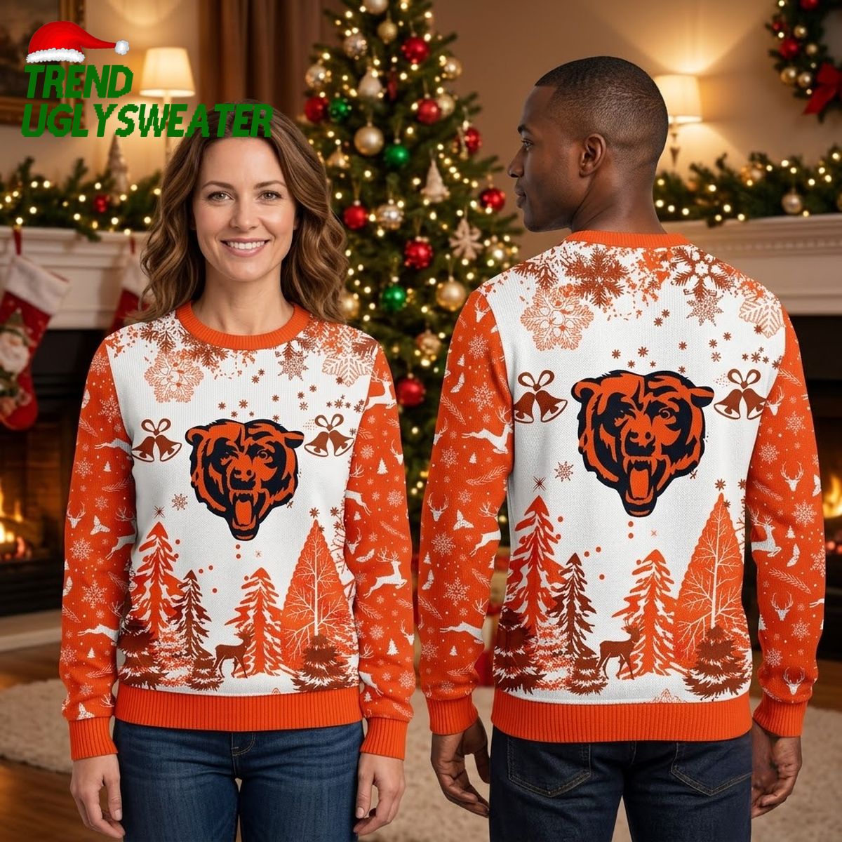 Chicago Bears Bear Head Snowy Forest Ugly Christmas Sweater