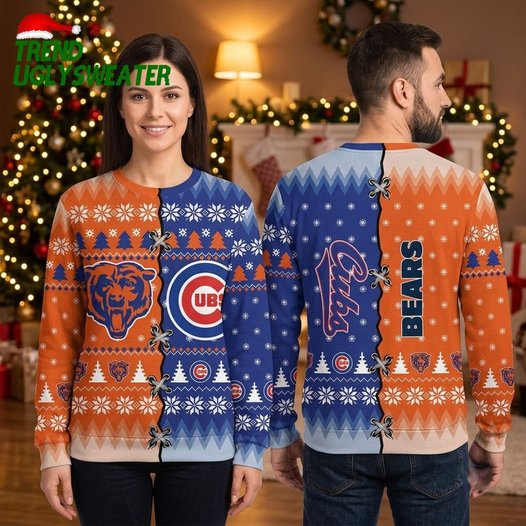 Chicago Bears Cubs Split Logo Snowflake Ugly Christmas Sweater