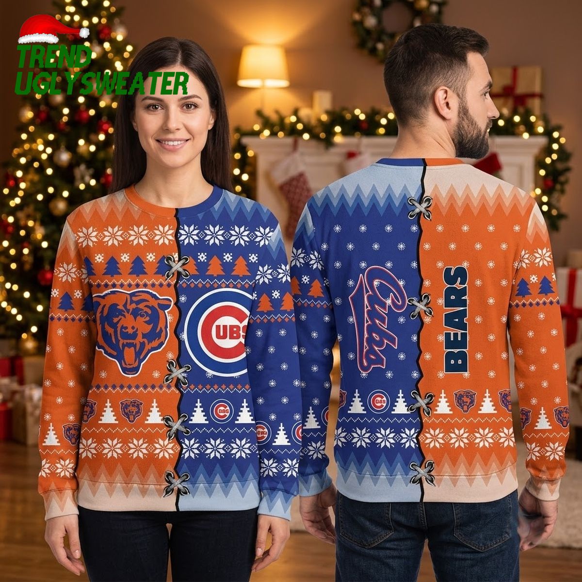 Chicago Bears Cubs Split Logo Snowflake Ugly Christmas Sweater