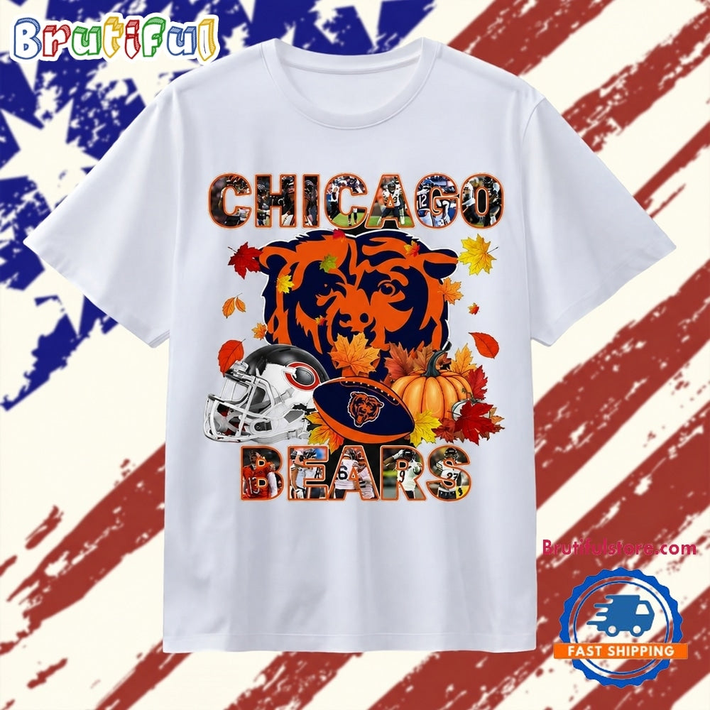Chicago Bears Football Autumn Fall Leaves Pumpkin Graphic T Shirt