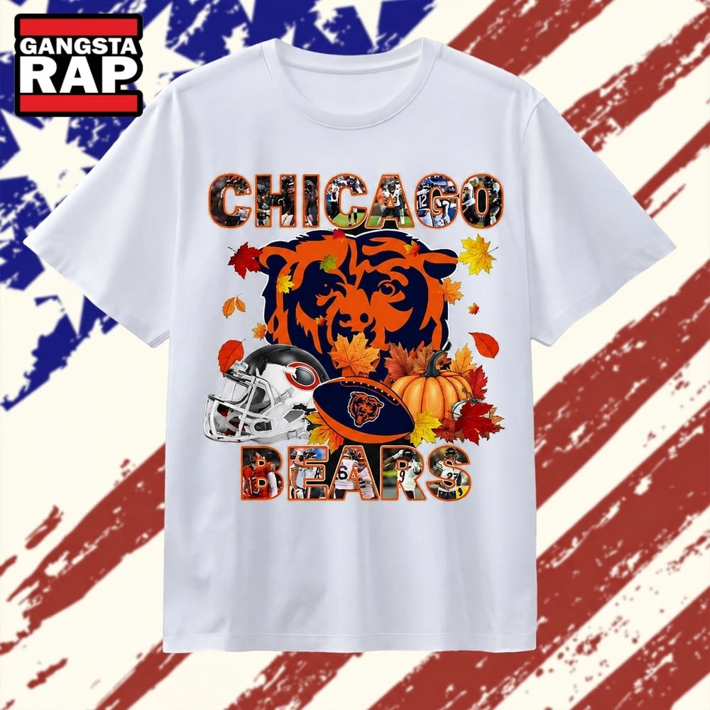 Chicago Bears Football Autumn Fall Leaves Pumpkin Graphic T Shirt