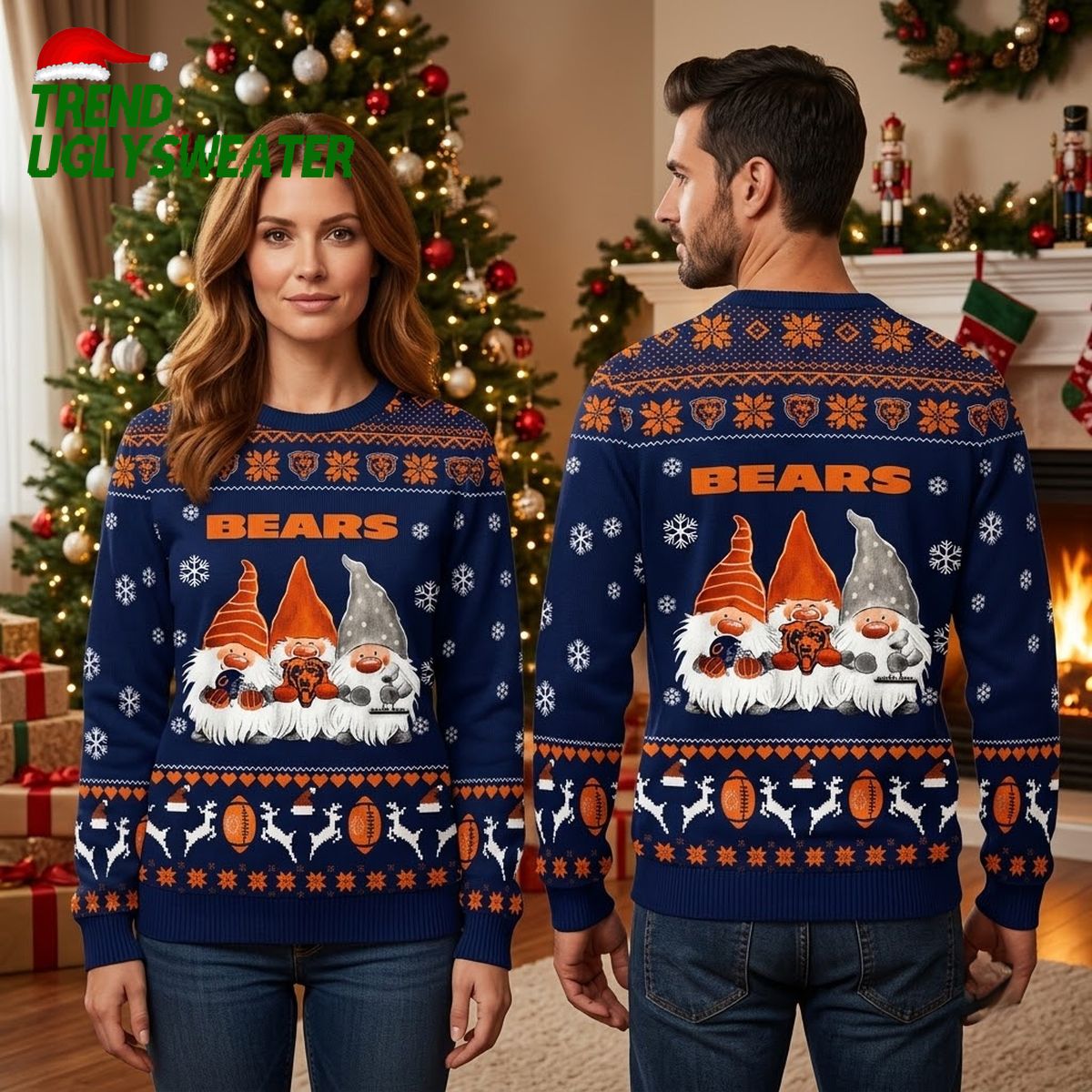Chicago Bears Gnomes And Football Pattern Ugly Christmas Sweater