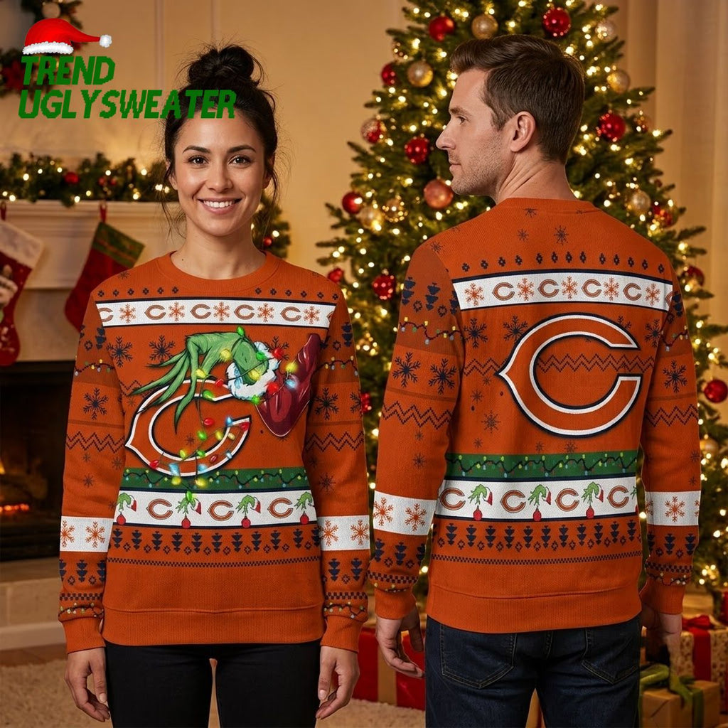 Chicago Bears Grinch Head Christmas Lights Ugly Christmas Sweater