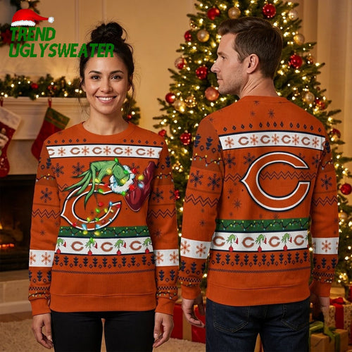 Chicago Bears Grinch Head Christmas Lights Ugly Christmas Sweater