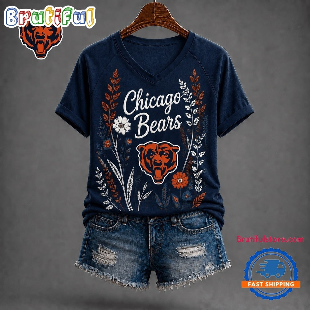 Chicago Bears NFL Floral Garden V Neck T Shirt