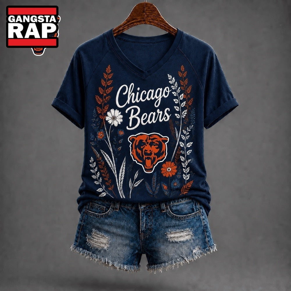 Chicago Bears NFL Floral Garden V Neck T Shirt