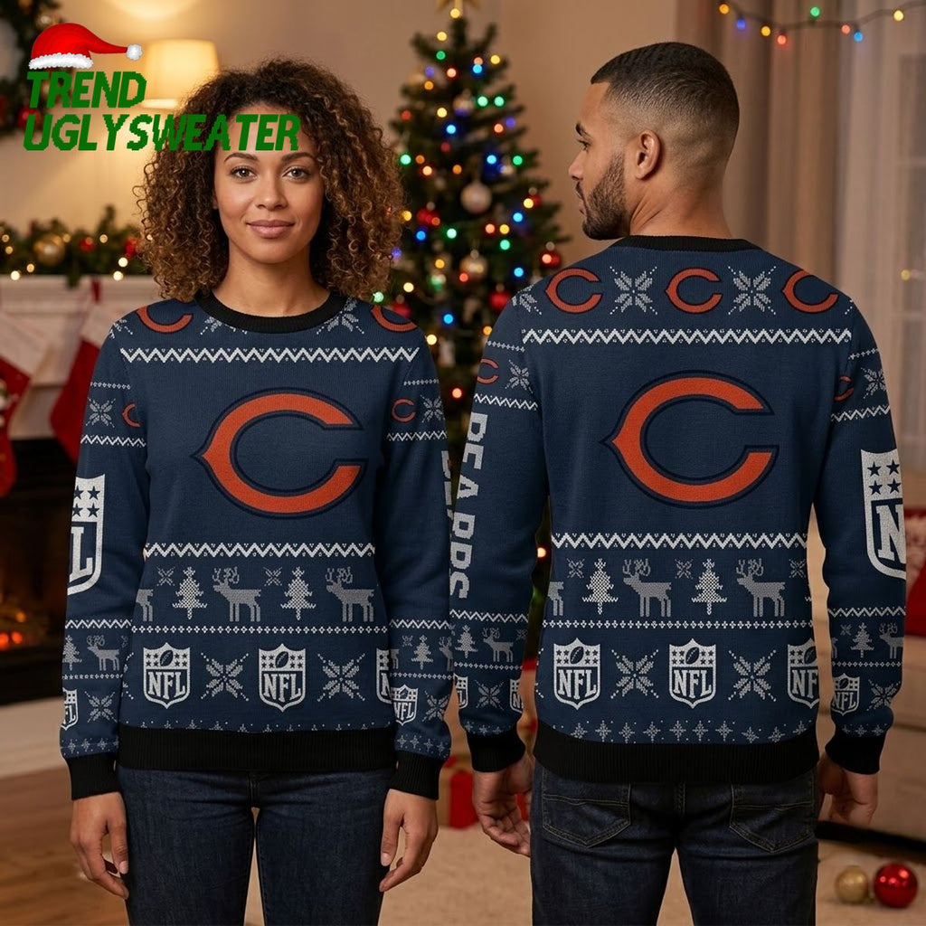 Chicago Bears Orange C Logo Reindeer Ugly Christmas Sweater