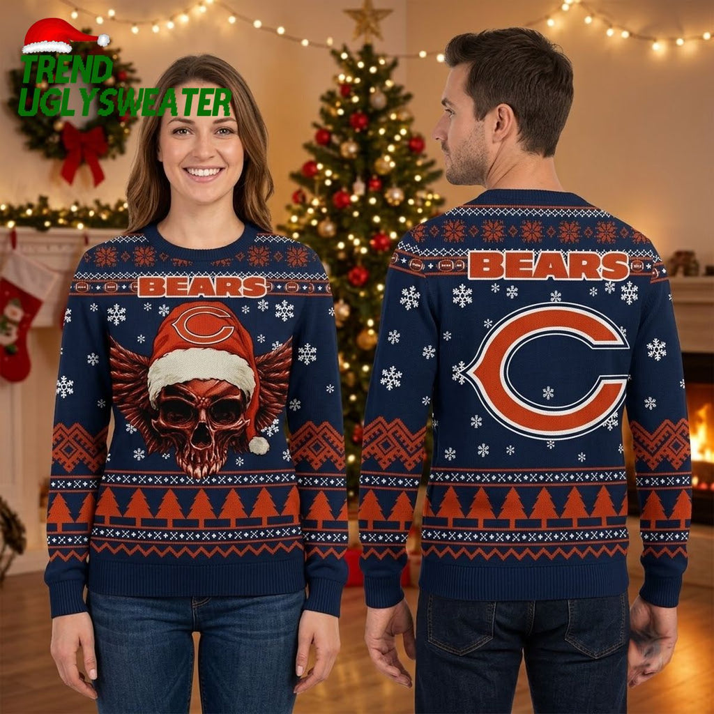 Chicago Bears Santa Hat Winged Skull Ugly Christmas Sweater