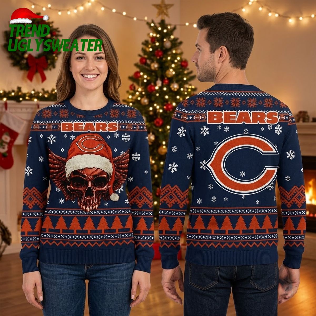 Chicago Bears Santa Hat Winged Skull Ugly Christmas Sweater