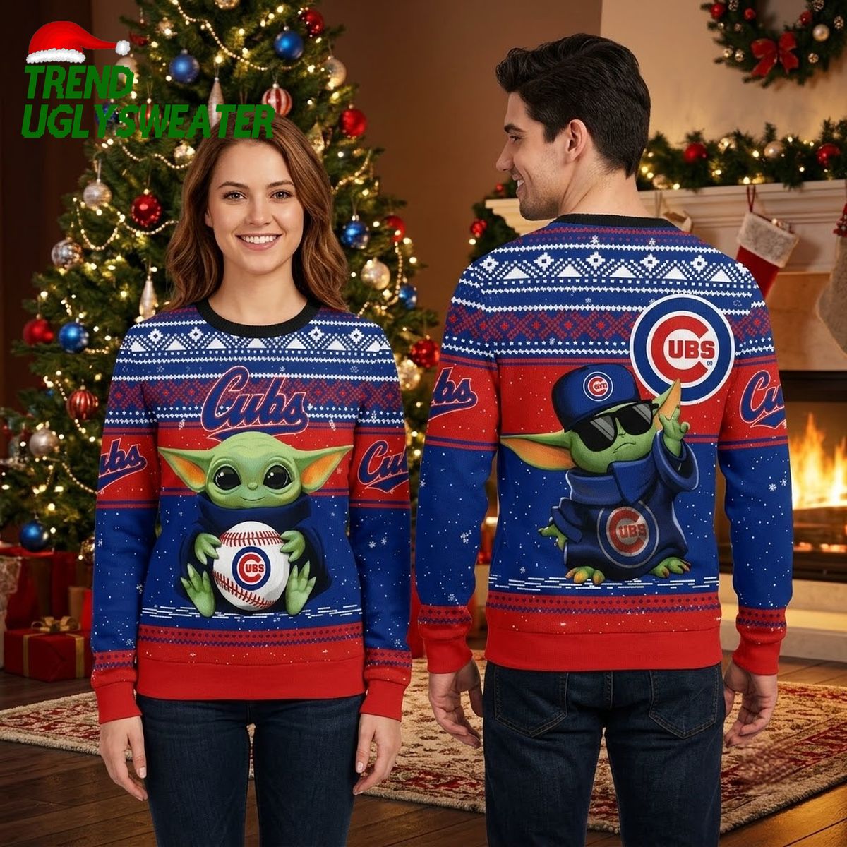 Chicago Cubs Baby Yoda Holding Baseball Ugly Christmas Sweater
