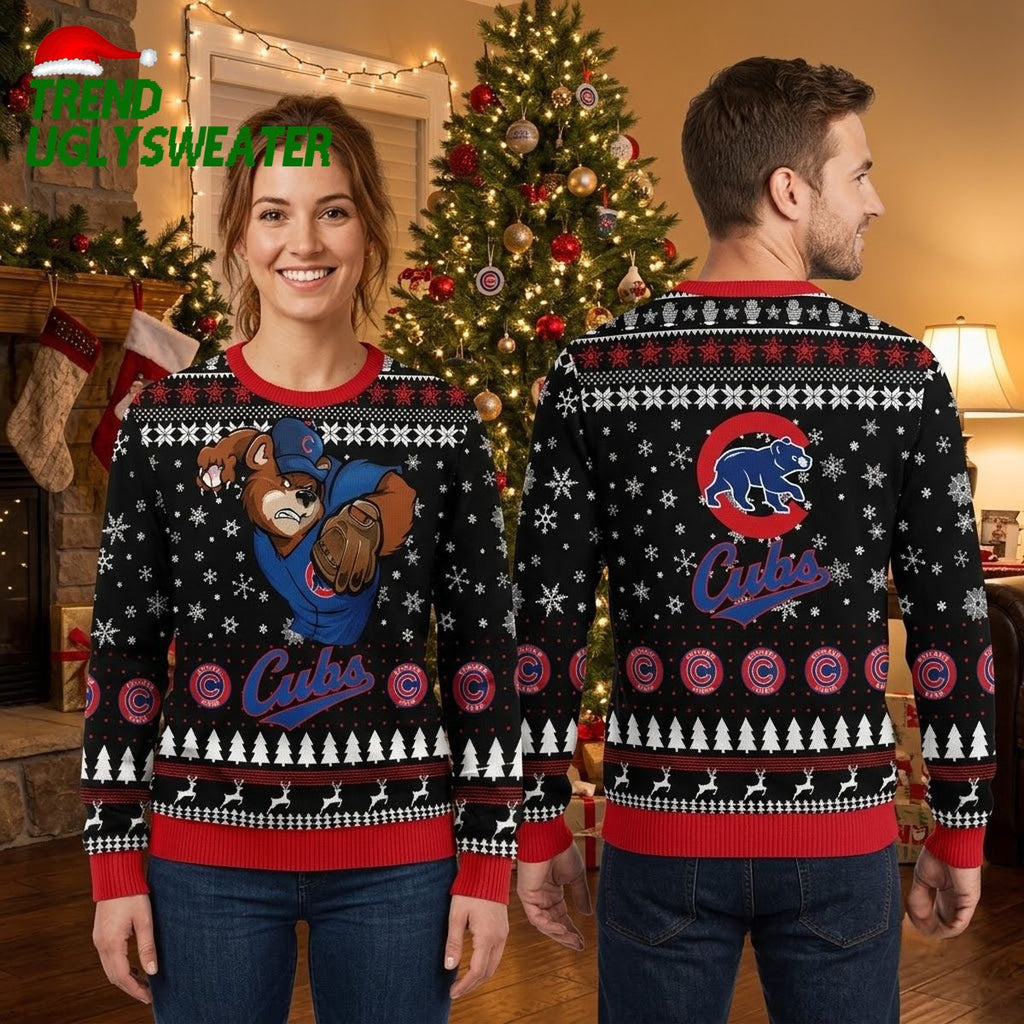 Chicago Cubs Bear Mascot Throwing Snowballs Ugly Christmas Sweater