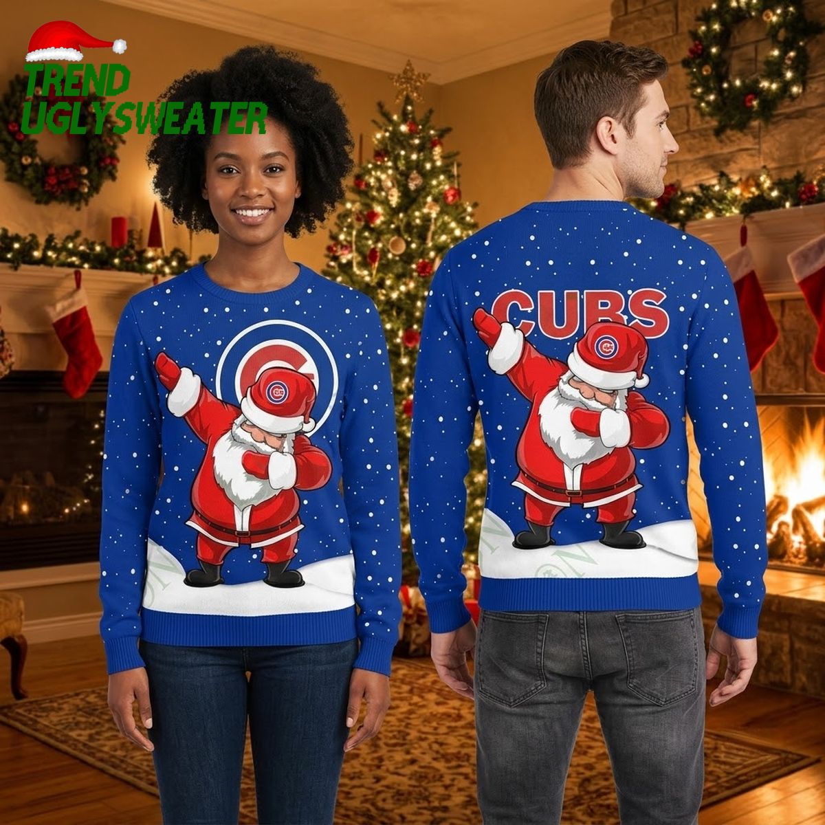 Chicago Cubs Dabbing Santa And Snowflakes Ugly Christmas Sweater