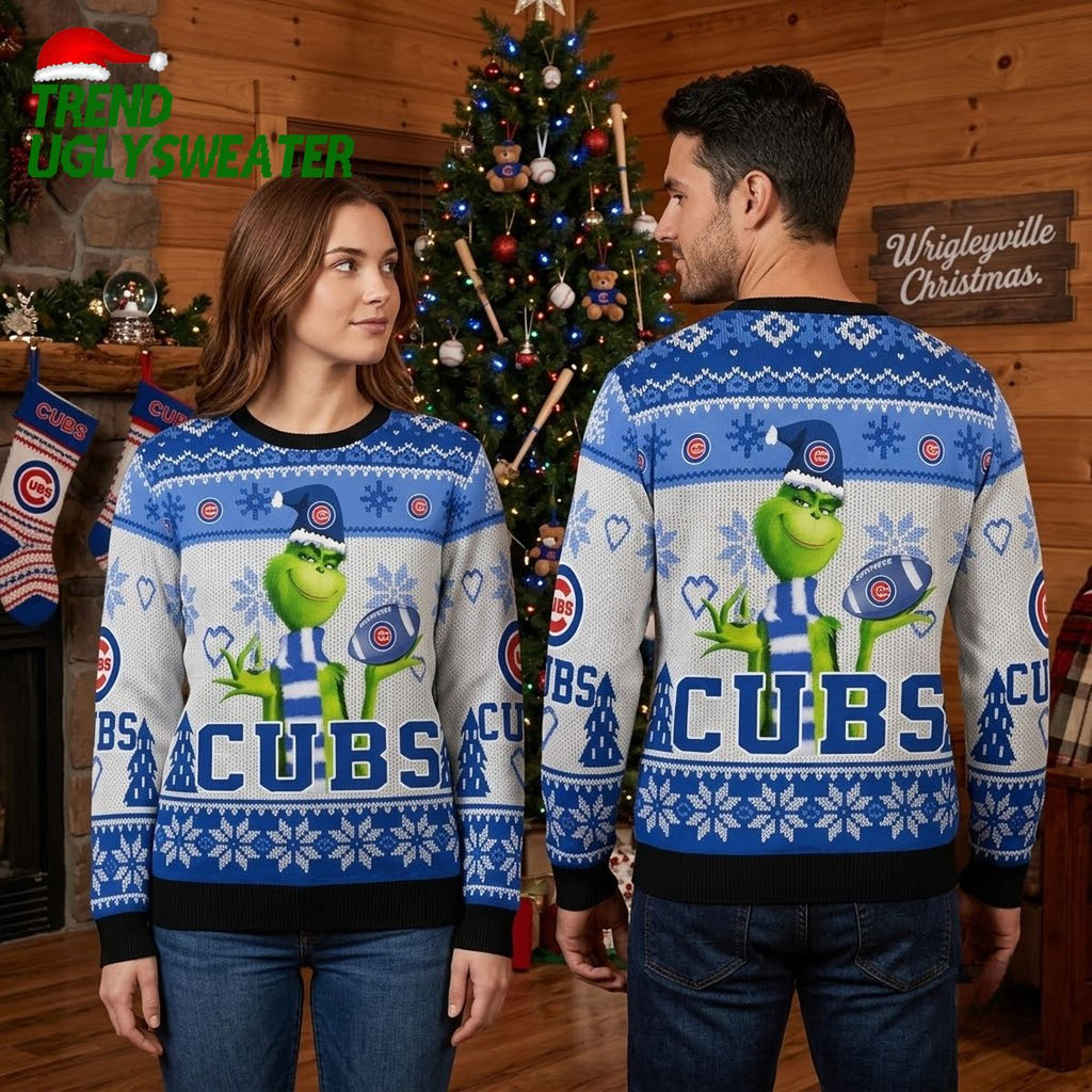 Chicago Cubs Grinch Holding Baseball Helmet Ugly Christmas Sweater