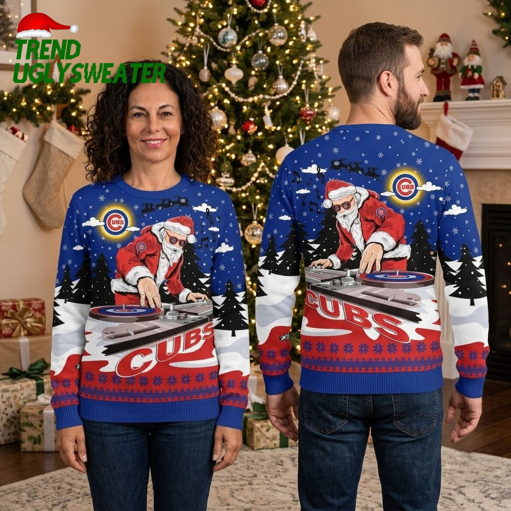 Chicago Cubs Santa DJ Turntable Ugly Christmas Sweater