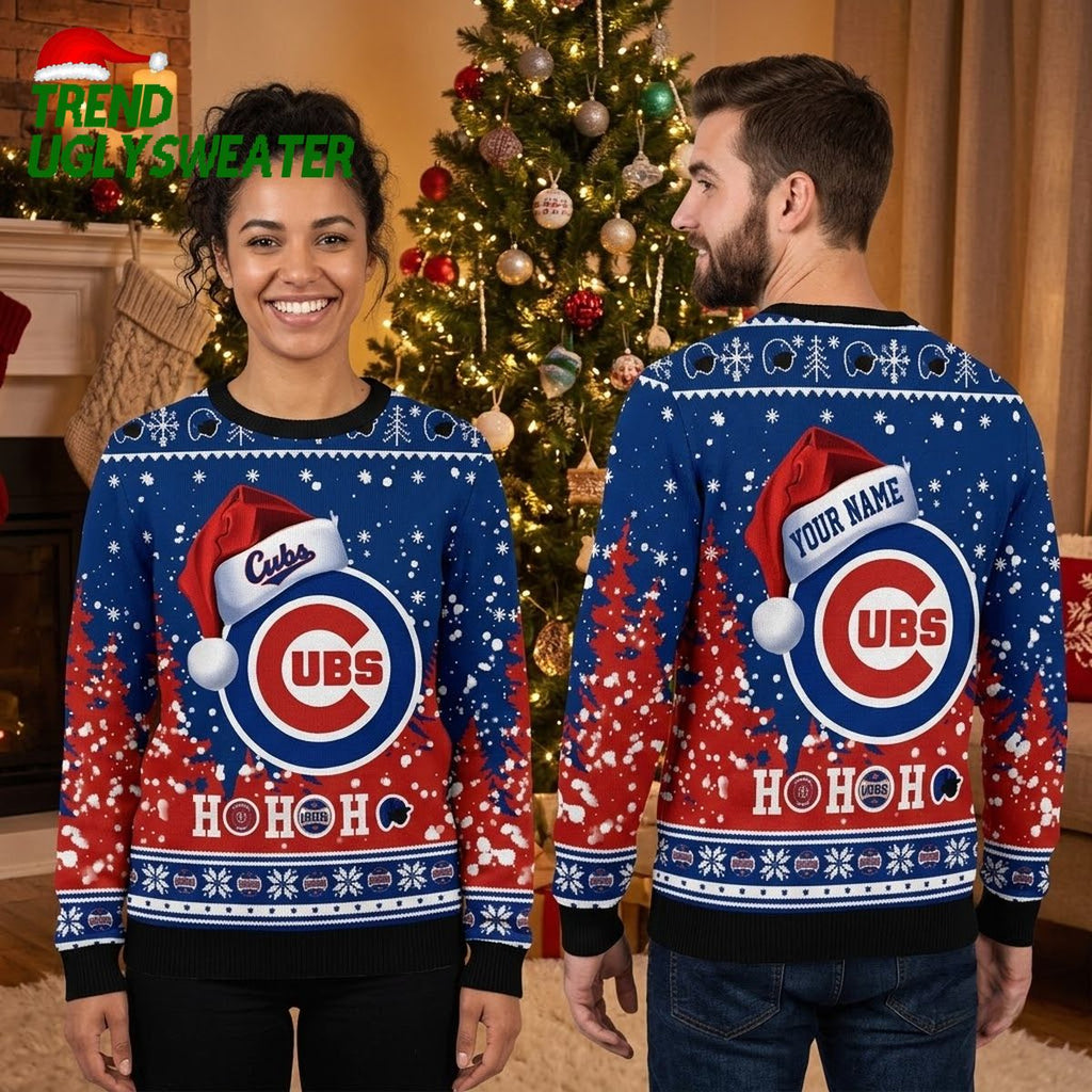 Chicago Cubs Santa Hat Logo Custom Name Ho Ho Ho Ugly Christmas Sweater