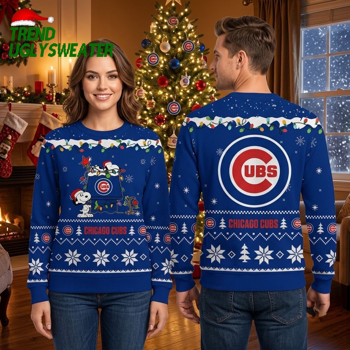 Chicago Cubs Snoopy And Woodstock Christmas Lights Ugly Christmas Sweater