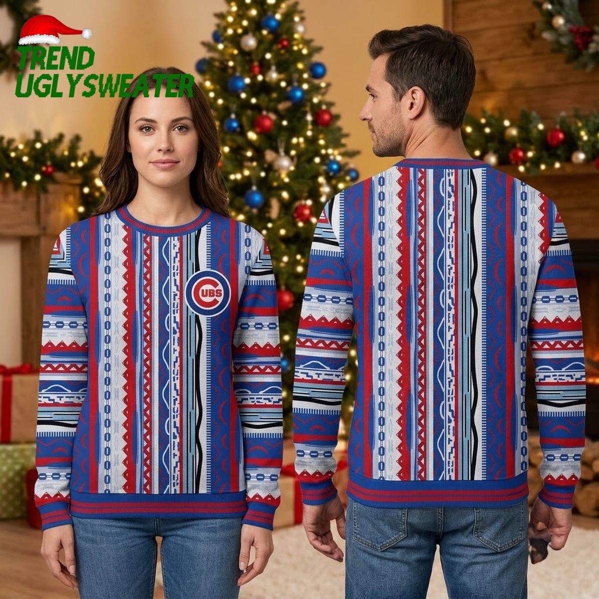 Chicago Cubs Tribal Pattern Logo Ugly Christmas Sweater