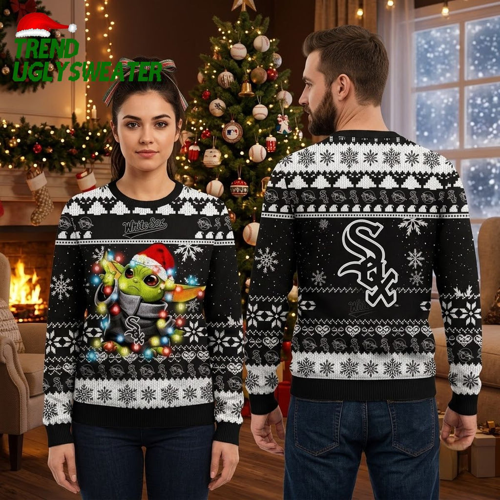Chicago White Sox Baby Yoda Christmas Lights Ugly Christmas Sweater
