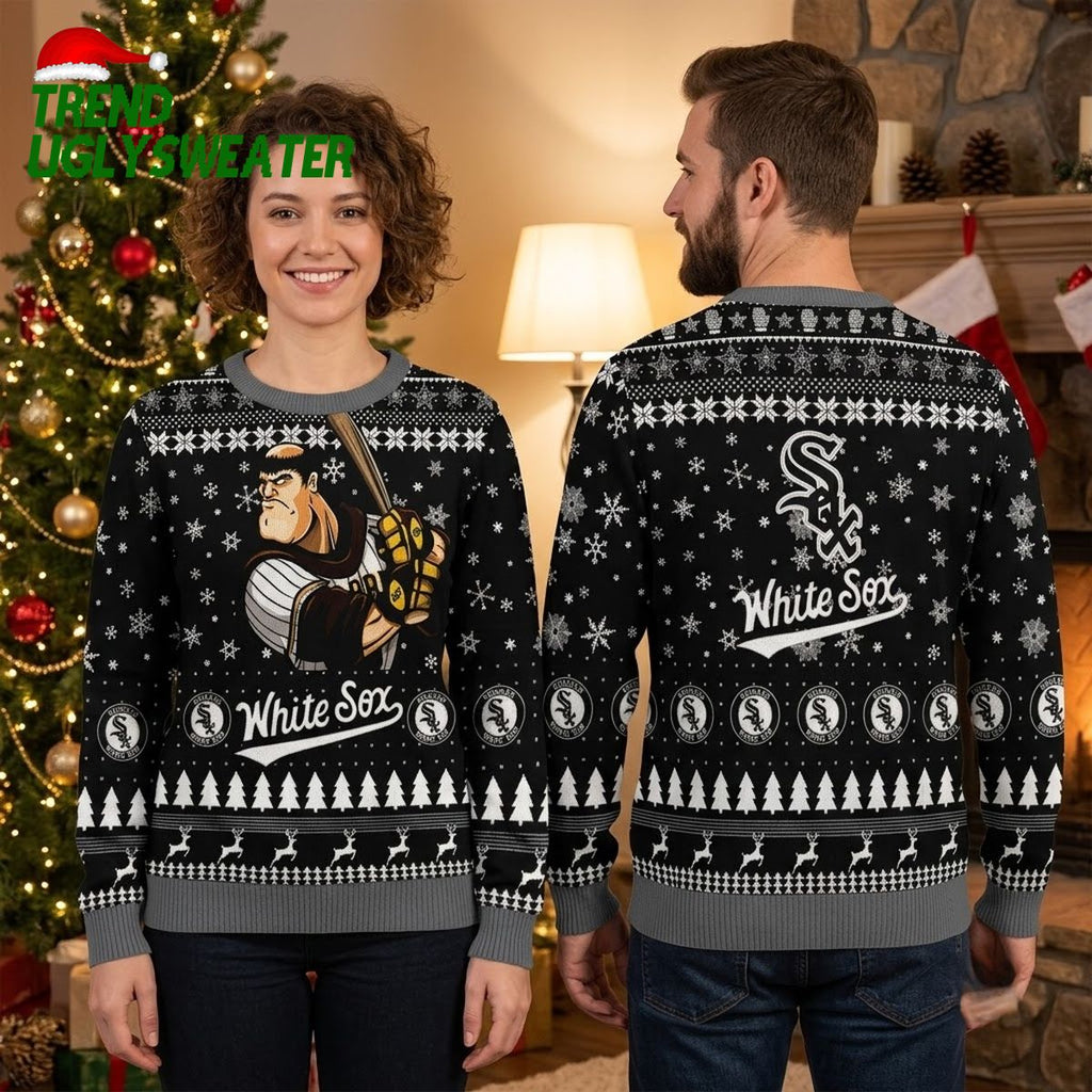 Chicago White Sox Retro Cartoon Batter Snowflake Ugly Christmas Sweater