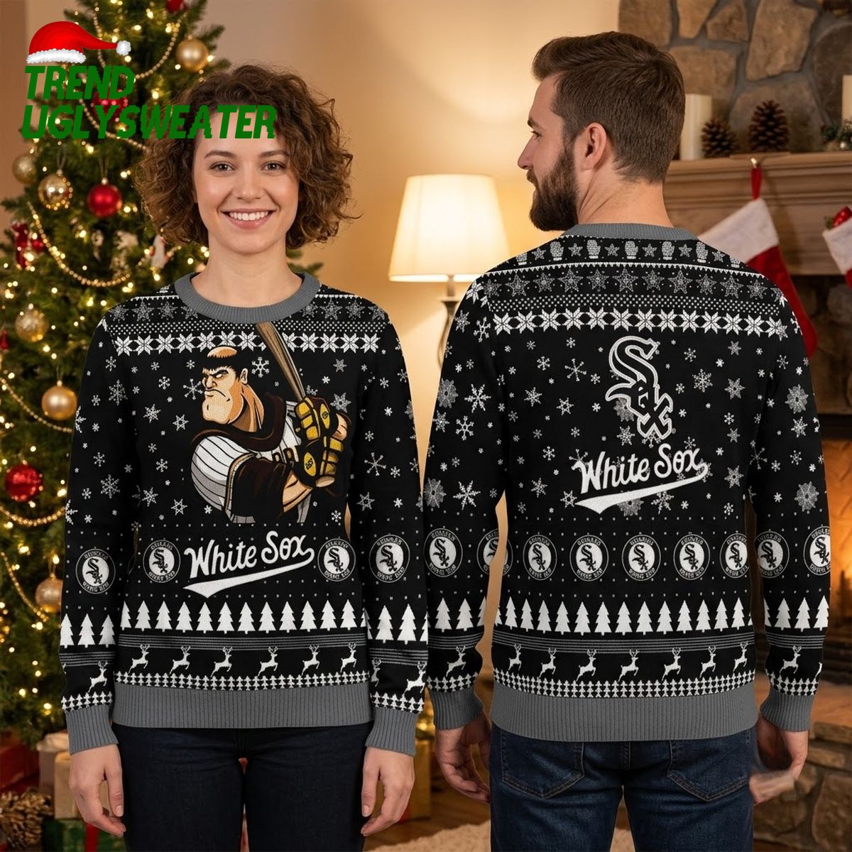 Chicago White Sox Retro Cartoon Batter Snowflake Ugly Christmas Sweater